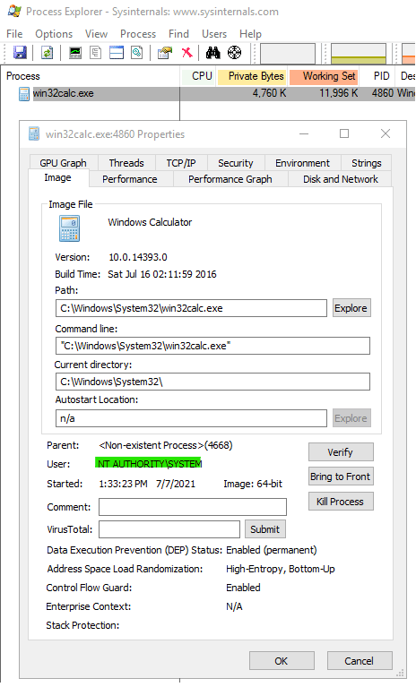 Process explorer on the target machine