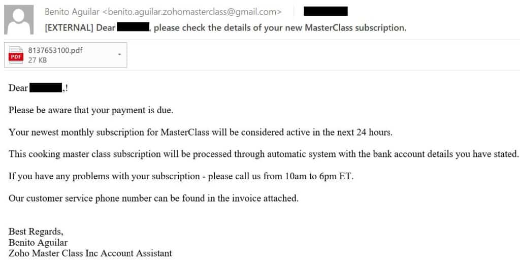 An example of a Zoho Masterclass themed phishing email