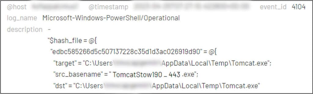 Snippet showing a PowerShell execution of ‘tomcat.exe’ to connect to 190.61.121[.]35:443