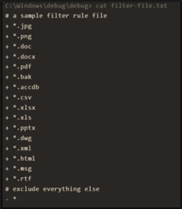 Snippet showing a filter file which was configured to exfiltrate content including documents, email messages and images