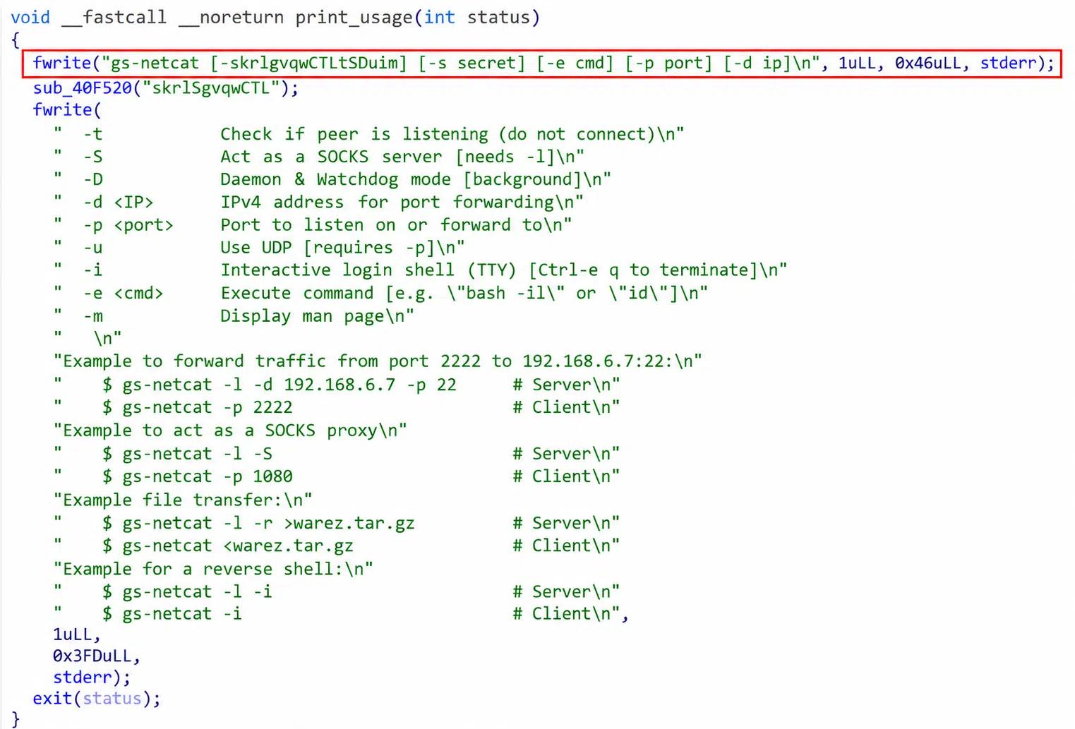 Snippet from IDA showing the usage of GS-Netcat (Source: Sygnia).